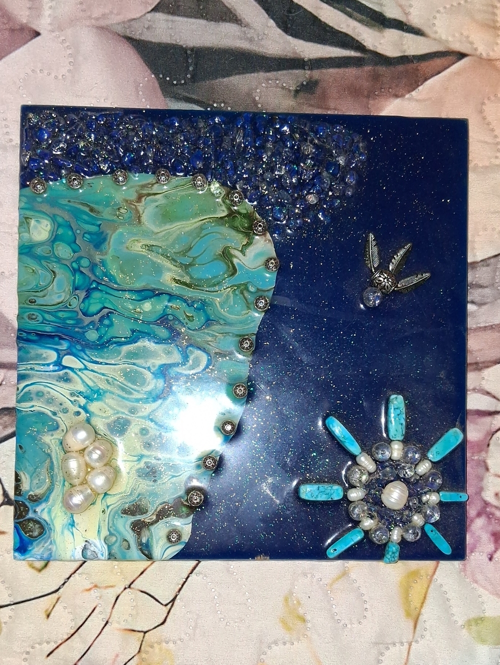 Coastal Blue Mixed-Media Wall Art with Turquoise Accents